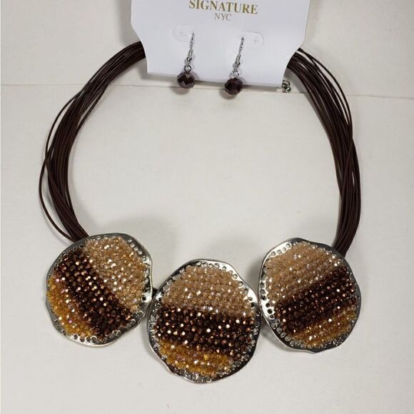 Signature NYC, Multi layers Brown Cord 3 Beaded Big Silver discs, & Earrings set - Picture 3 of 4